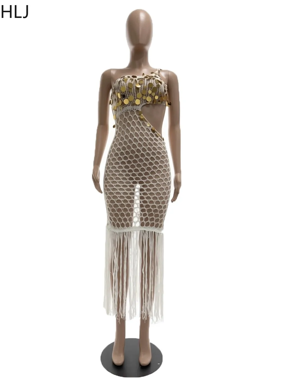 HLJ Summer New Sexy Knitting Sequin Patchwork Beach Dresses Woman Solid Color Hollow-out Inclined Shoulder Dress Vestidos 2026