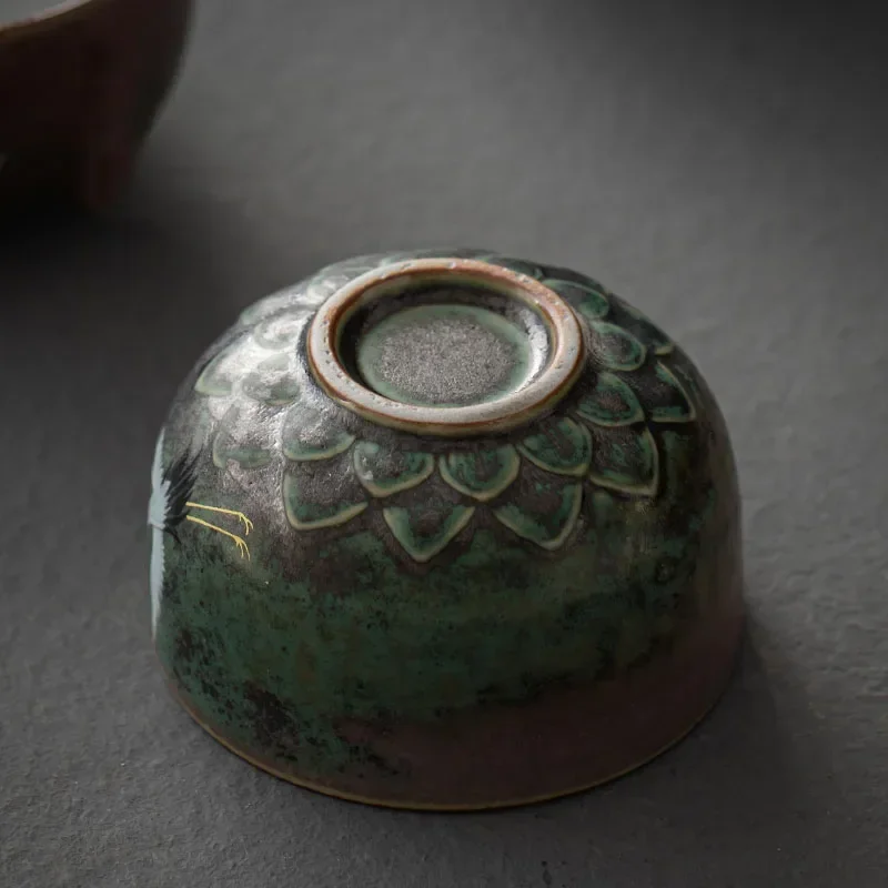 Traditional Chinese Style Tea Cup Flying Crane Pattern Retro Ceramic Teacup Coffee Cup Coarse Pottery Cups