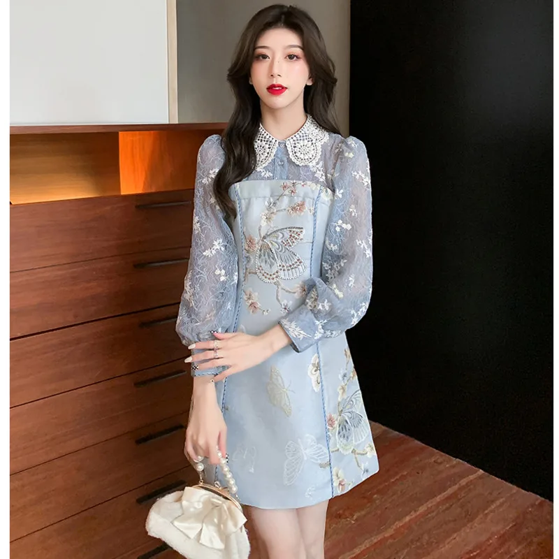 

Mini Dress Women Summer Autumn 2023 French Heavy Industry Nail Bead Small Fragrance Slim Long Sleeved Luxury Embroidery Dresses
