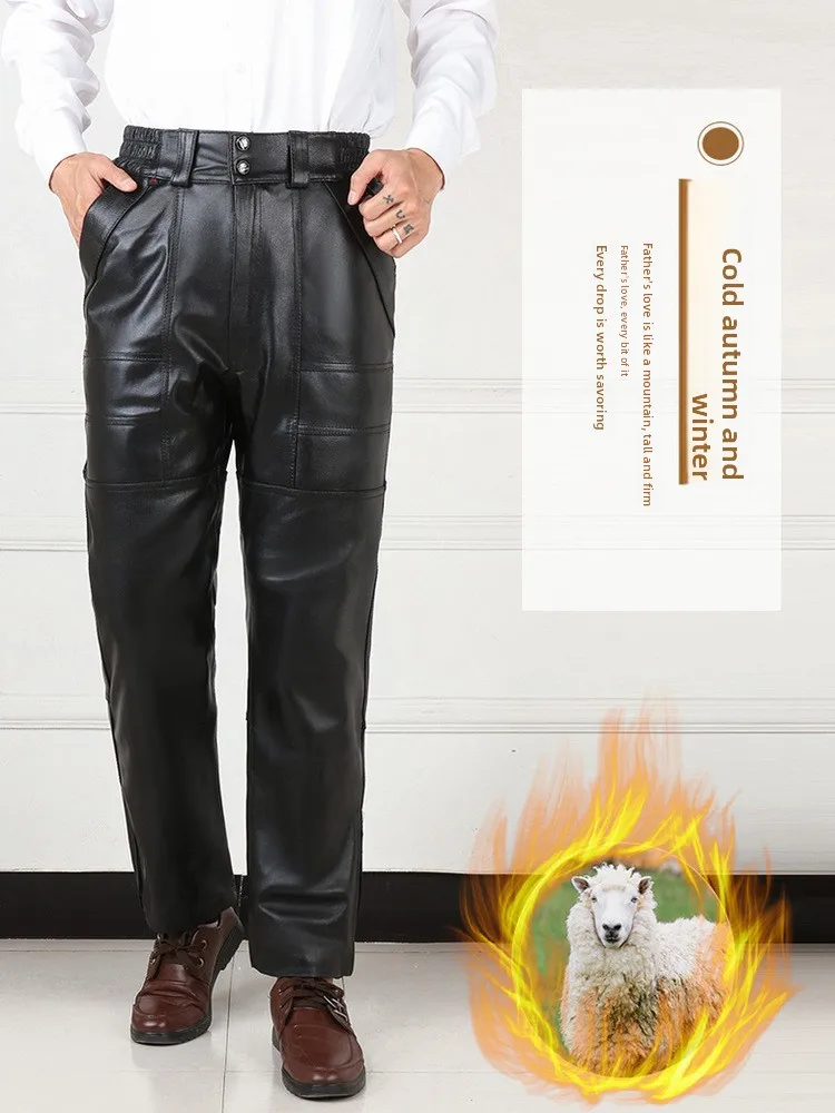 Haining Winter Thiened Genuine Leather Motorcycle Pants Men's Loose Middle-Aged Warmth Windproof eepskin Trousers