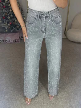 Y2k Women Shiny Rhinestone Denim Pants Wide Leg Straight Full Diamond Jeans for Female Dragging High Street Outwear Trousers 1