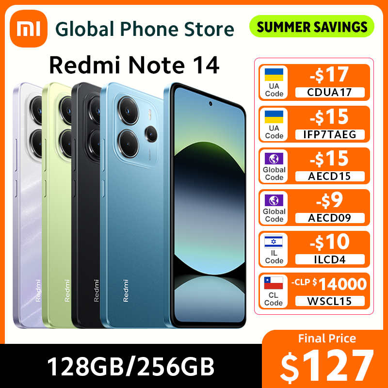  Global Version New Xiaomi Redmi Note 14 4G Smartphone 128GB / 256GB ROM 33W 5500mAh MTK Helio G99-Ultra 120Hz AMOLED 108MP