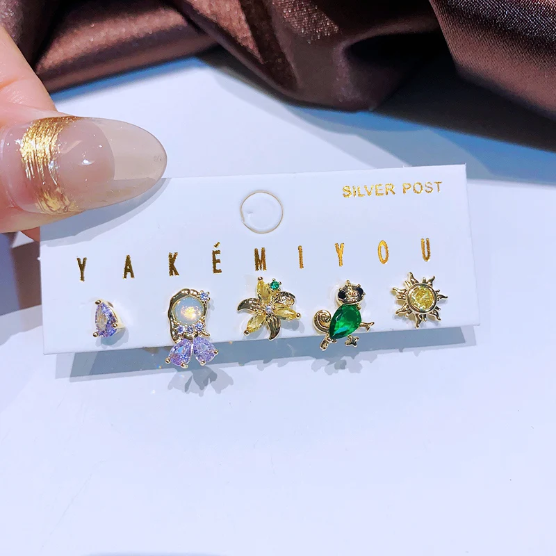 MIGGA 5pcs Fairy Cute Small Princess Stud Earrings Set for Women Girls Gold Color Cubic Zircon Jewelry 2