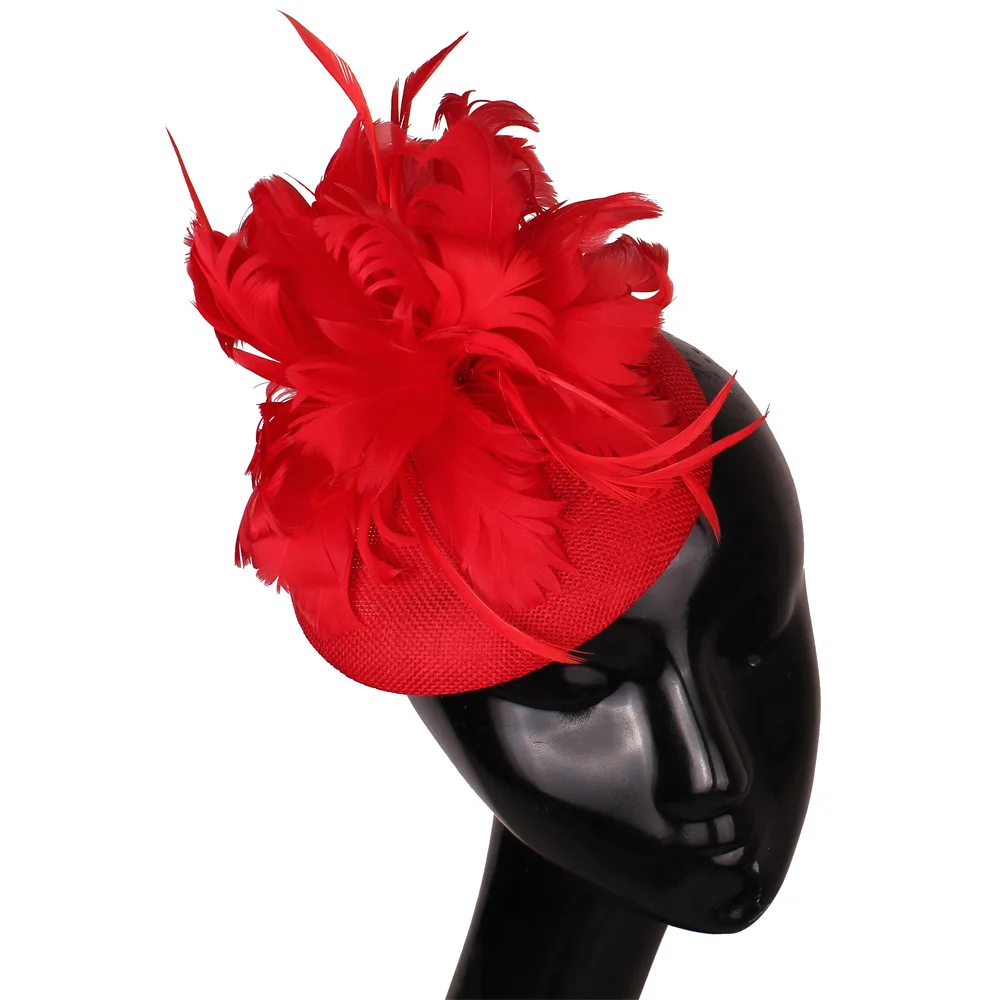 

Vintage Women Red Feather Flower Fascinator Hat Lady Hair Accessories Wedding Party Floral Mesh Veil Headband Millinery Hairpin