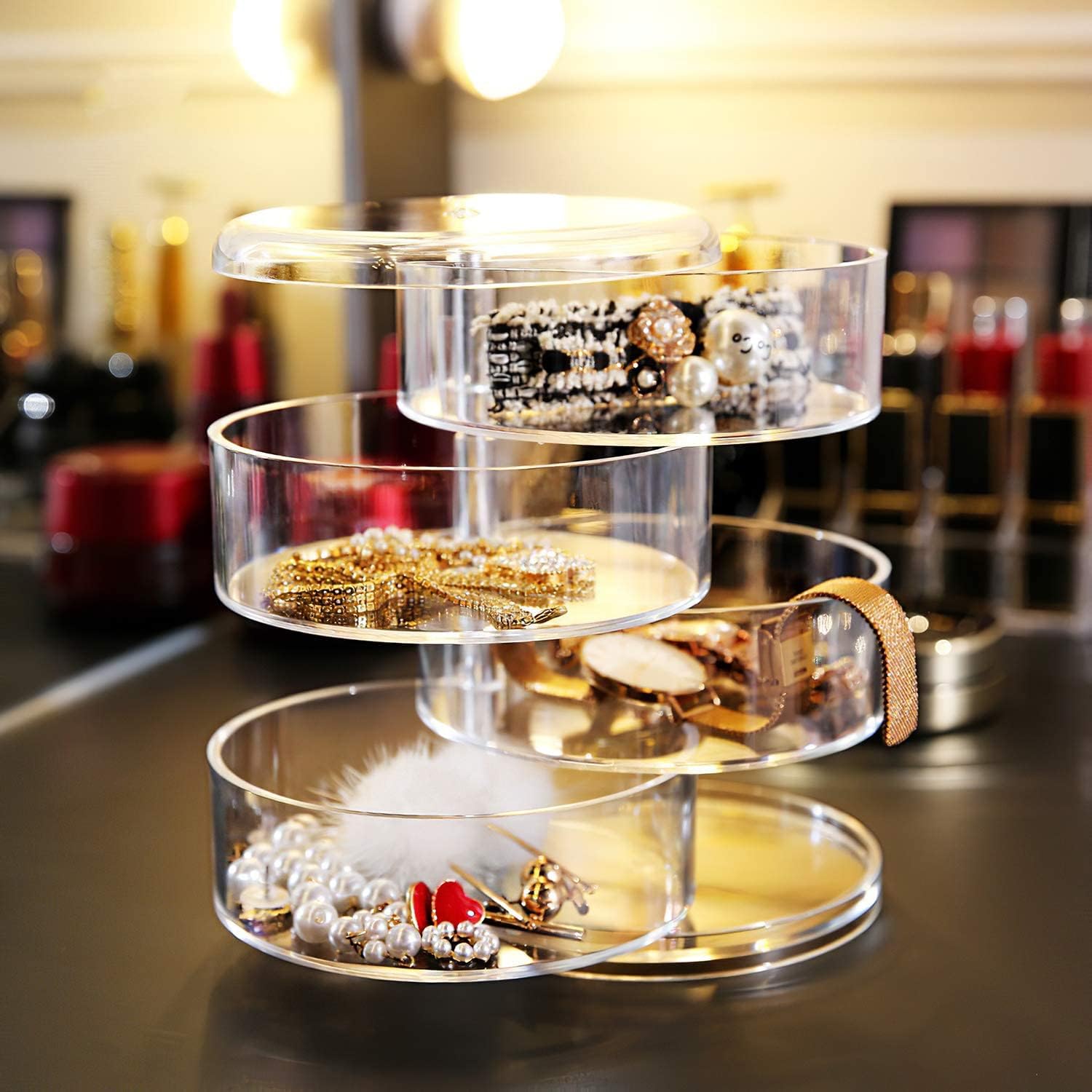 360 Degree Rotating Transparent Multi Layer Jewelry Box for Earrings Studs Necklaces Bracelets Display Shelf Jewelry Storage Box