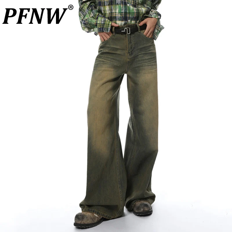 

PFNW Male Pleated Denim Pants Vintage Worn-out Washed Loose Straight Wide Leg Men's Jeans Autumn 2024 Fashion New 28W3909