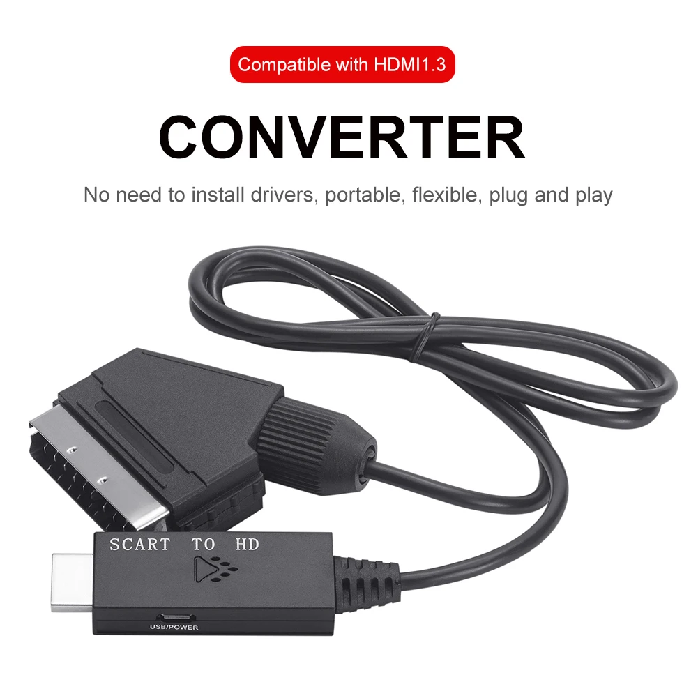 1m Video Audio Converter Adapter Scart To HDMI-compatible 1080P Video Adapter DC 5V Micro USB Cable Accessories for HDTV/DVD