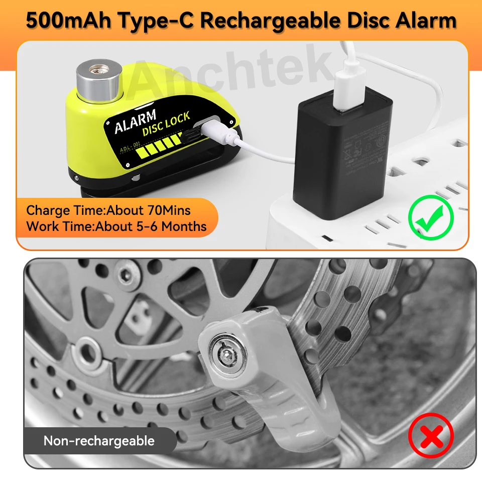 Blocco Freno A Disco Con Allarme Antifurto Per Moto E Scooter - Perno 6mm, Impermeabile, Con Staffa E 2 Chiavi