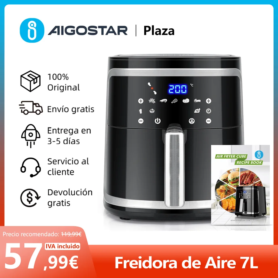 Aigostar Cube 7L Oil Free Air Fryer, 1900W, 7 Preset Functions + Keep Warm,  Manual Mode, LED Touch Panel, Dual Use: With Basket or Drawer, No BPA,  recipe book included - AliExpress