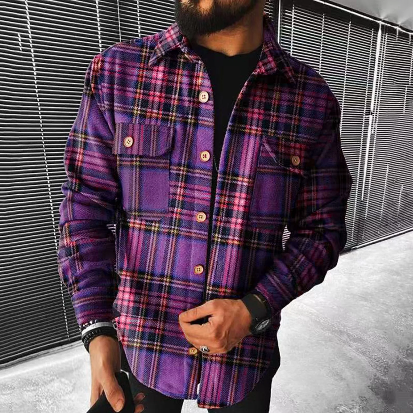 

Casual Loose Turn-down Collar Coats Fashion Purple Plaid Print Button Jackets Men Vintage Pattern Outerwear Fall Mens Streetwear