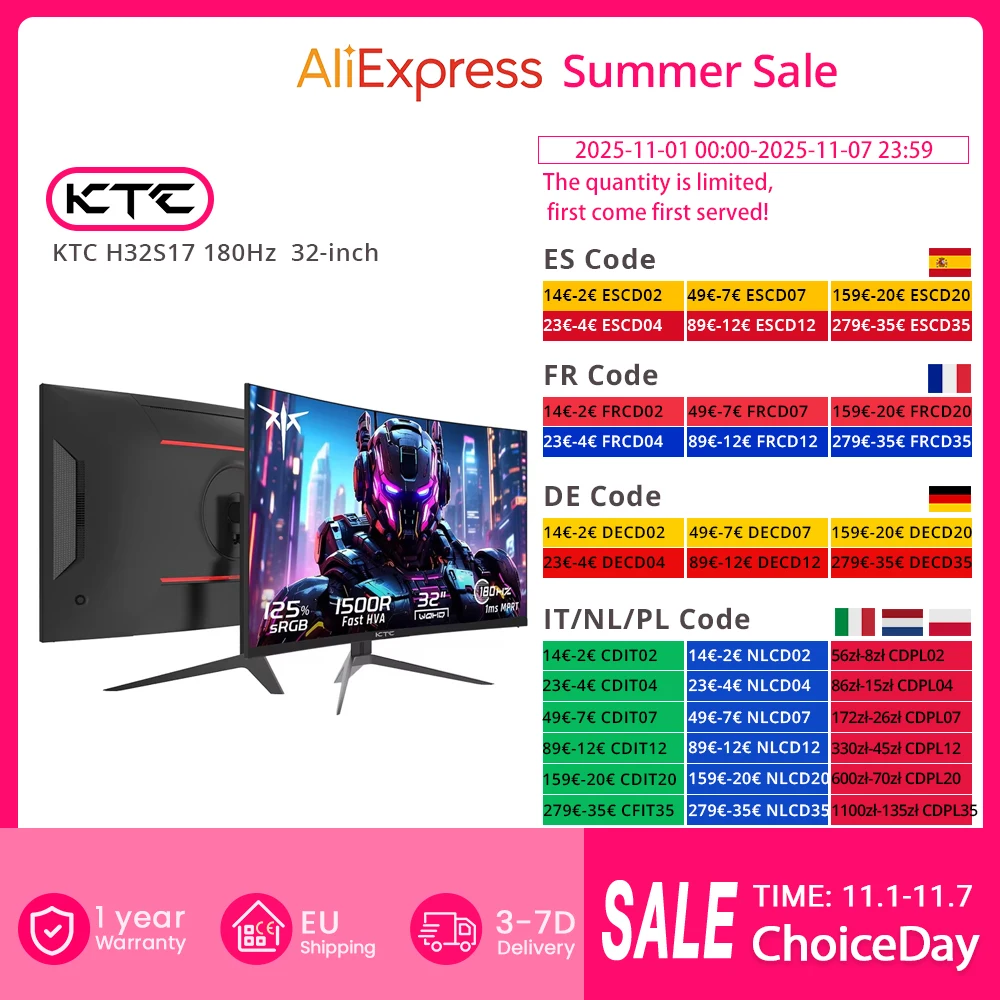 KTC H32S17 32-calowy zakrzywiony monitor do gier 1500R 2560x1440 QHD 170Hz EU za $161.9 / ~609zł KTC H32S17 32-calowy zakrzywiony monitor do gier 1500R 2560x1440 QHD 170Hz EU za $161.9 / ~609zł