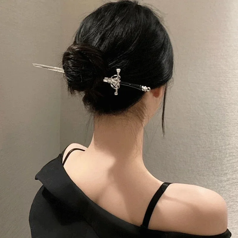 Punk Metal Sword Hairpin Chinese Simple Hair Sticks for Women DIY Hairstyle Design Tools Accessories