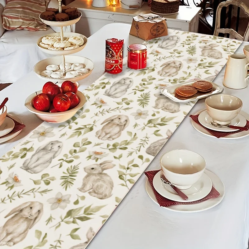 Easter Bunny Printed Linen Table Runner Holiday Party Decor Spring Flower Leaves Plants Table Runners Kitchen Dining Table Decor 4