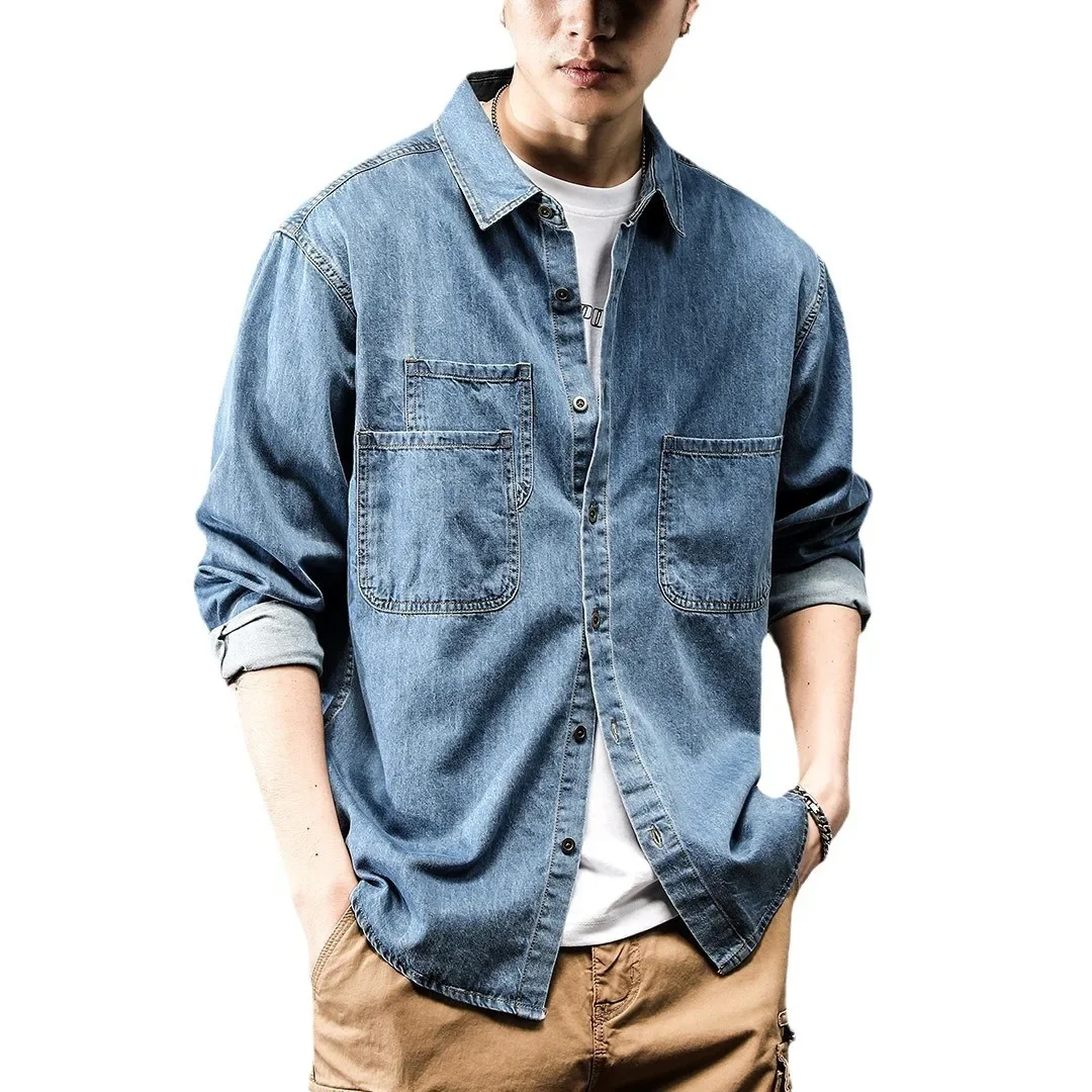 Spring Season American Style Vintage Men's Denim Work Shirt Long Sleeve Casual Fashion Trendy Versatile Jacket denim shirt,long sleeved shirt