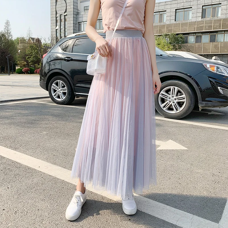 brown skirt Preppy Style High Waist Long Mesh Skirt Korean Casual Hit Color Patchwork Female Skirts 2020 Summer New Chic Faldas Mujer black pencil skirt Skirts