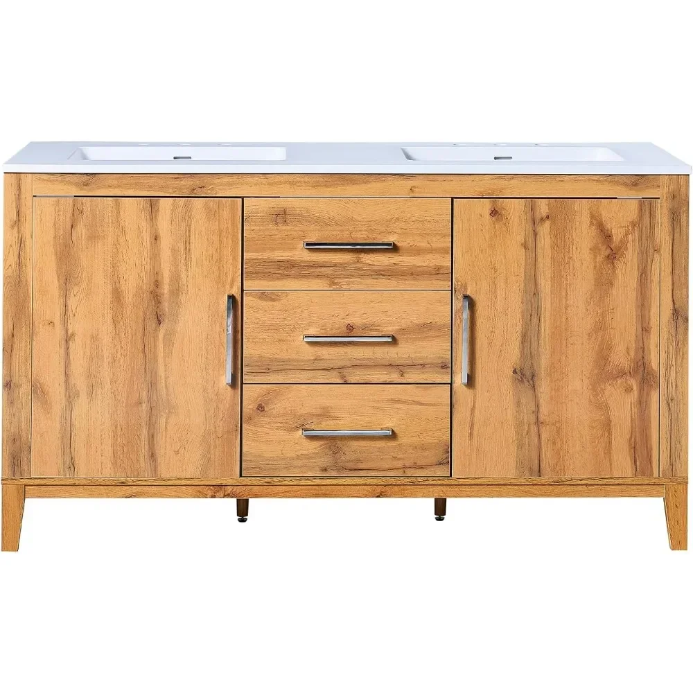 60" Double Bathroom Vanity with Sink, High Gloss Woodgrain Bathroom Storage Cabinet with 3 Hole Sink & & Drawers, Bath Vanity 6