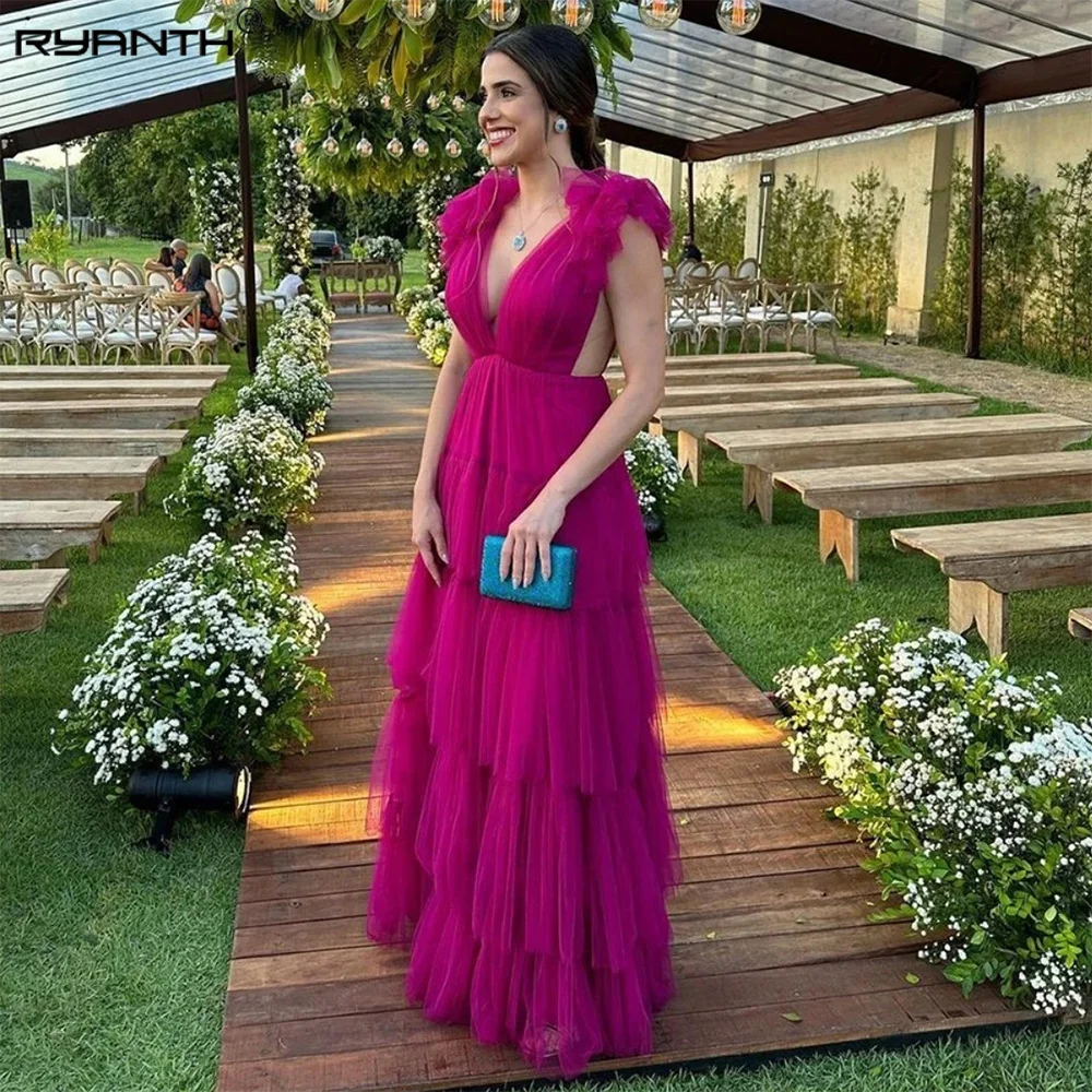 

Ryanth Fuchsia Tiered Prom Dress Elegant Party Dresses for Women Deep V-Neck Evening Dress Backless Party Dress Holiday Dress
