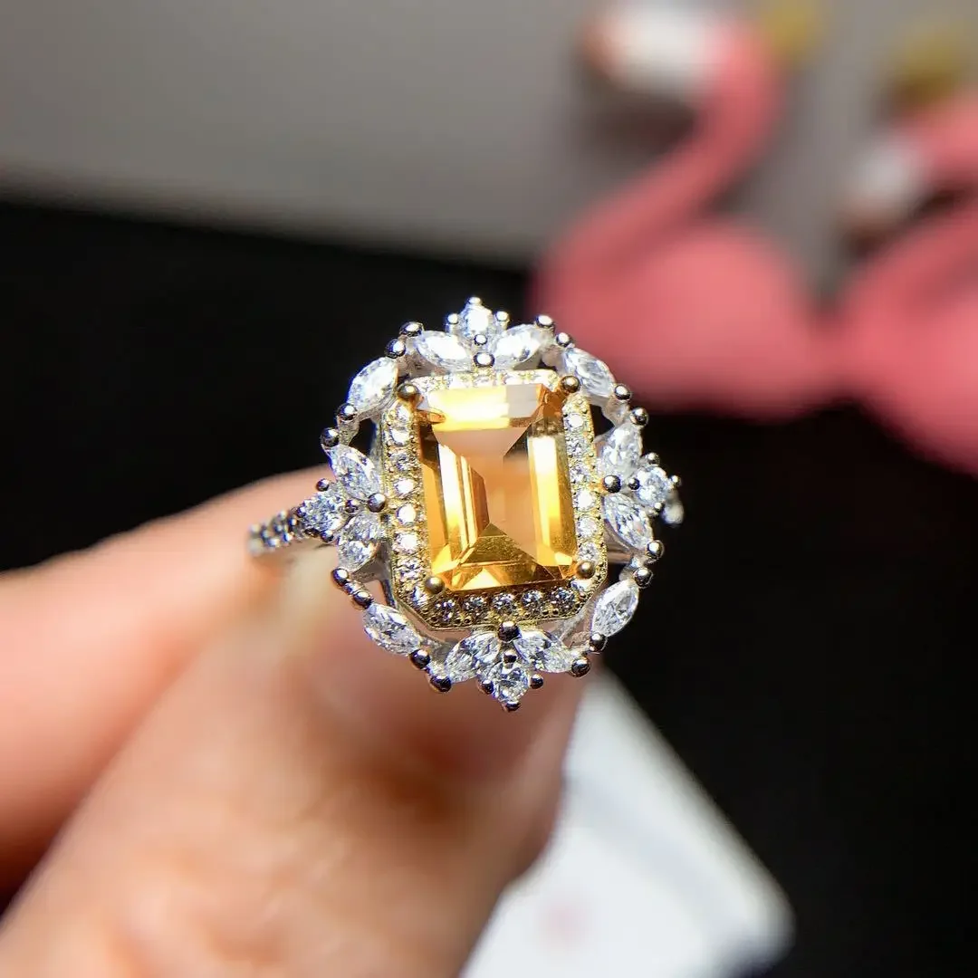 

Natural Citrine Ring Classic 925 Silver Yellow Crystal Ring for Party 6mm*8mm 1.2ct Emerald Cut Sterling Silver Citrine Jewelry