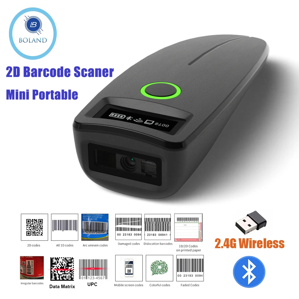 2.4G Bluetooth 1D/2D Barcode Scanner Compact&Portable QR Bar Code Readerr Handheld Warehouse Management Fast Recognition