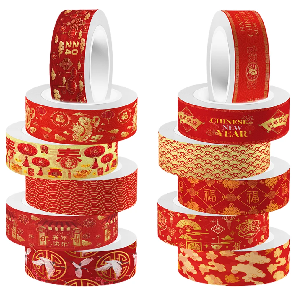 

12 Rolls Washi Tape Chinese New Year Style Red Set 2024 Spring Festival Tapes Diy Label Scrapbooking Dragon Decor