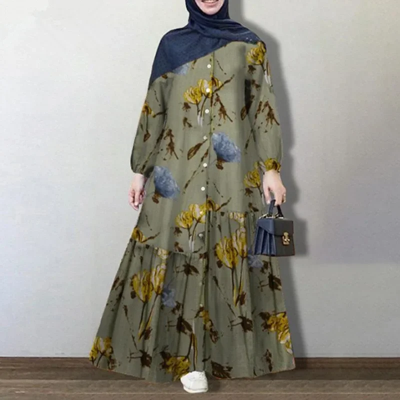 Muslim Abayat Cotton and Linen Long Sleeve Abaya Femme Fashion Loose Casual Floral Long Dress Europe, America, Middle East, Arab