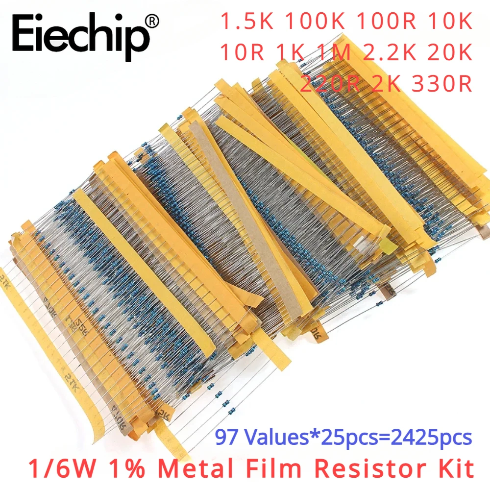 2425pcs 1/6W 1% Metal Film Resistor Kit 97 Values Set of Resistor 1.5K 100K 100R 10K 10R 1K 1M 2.2K  20K 220R 2K 330R Ohm