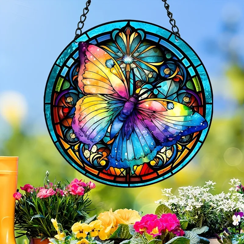 Butterfly Stained Suncatcher-stained Glass Window Hanging Decor Home Office Kitchen and Living Room Circular Acrylic Home Decor