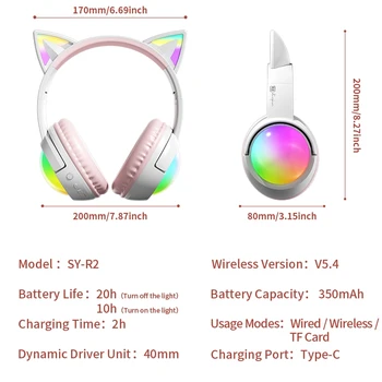 Cute Cat Ear RGB Wireless Headphones, Bluetooth 5.4, 350mAh Battery, 20H Playtime, Foldable Over-Ear Headset with Mic, HiFi Soun 2