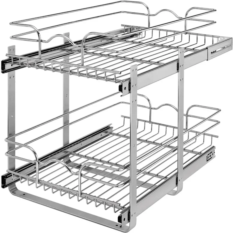 2-Tier Kitchen Cabinet Pull Out Shelf Drawer Organizer Slide Out Pantry Storage Basket Multiple Sizes