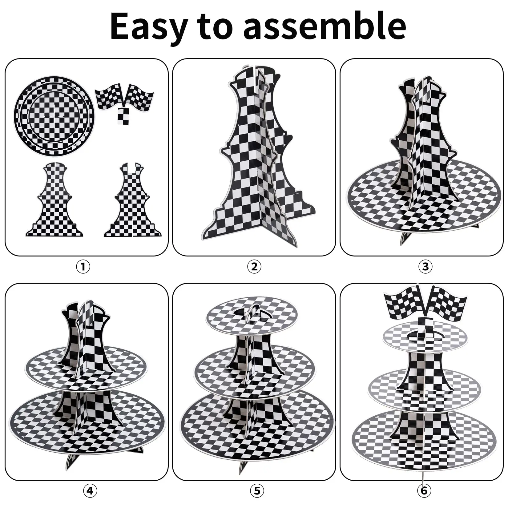 3-Tier Race Car Cupcake Stand - Black & White Checkered Cardboard Display For 8-12 Cupcakes