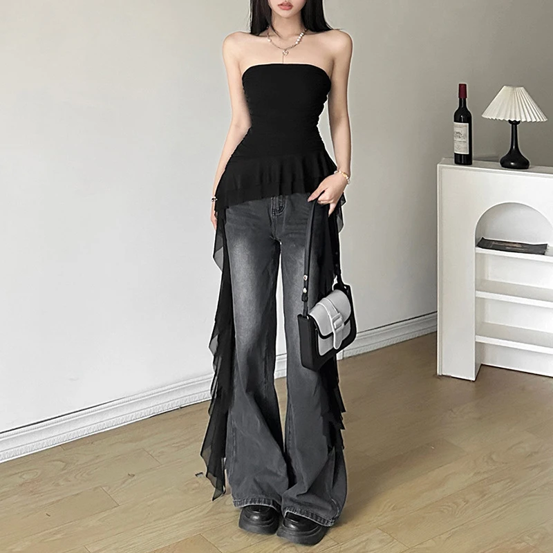 y2k Strapless Top Women Summer Solid Color Off Shoulder Sleeveless Asymmetrical Ruffle Hem Bandeau Vest Streetwear