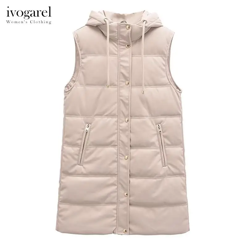 

Ivogarel Long Leather Effect Puffer Gilet Women's PU High Collar Waistcoat with Adjustable Hood Ladies Y2k Long Vest Coat