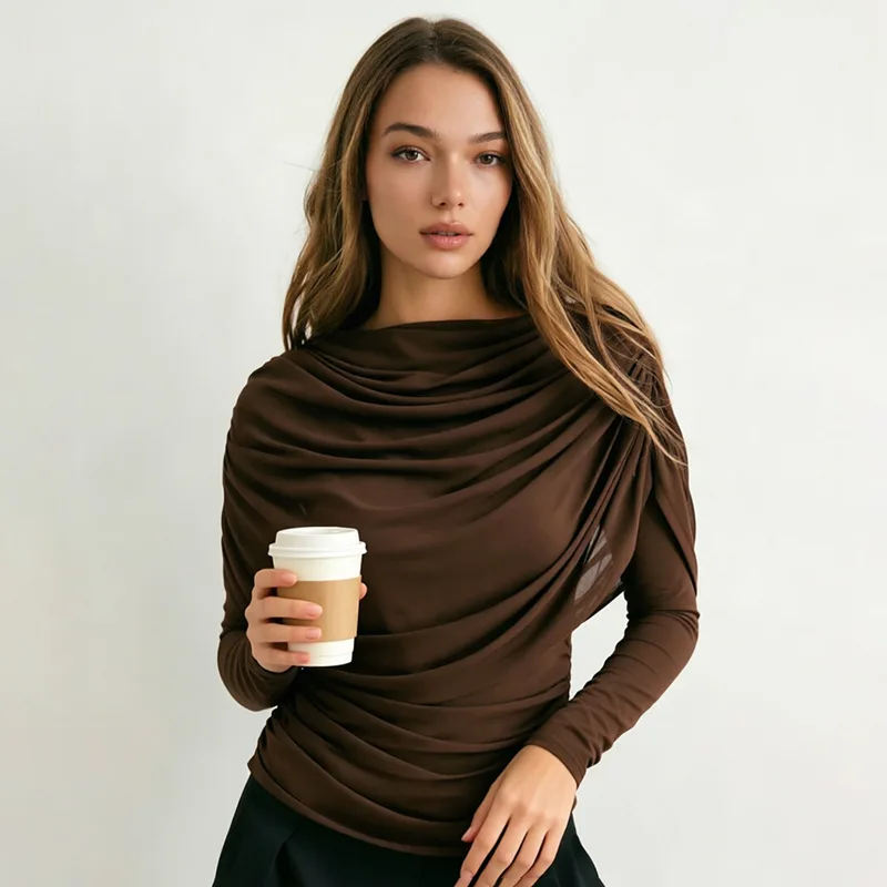 2026 Frühling Sommer Damen Langarm-T-Shirt mit drapiertem Kragen, plissiertem Schal, schmal geschnitten, Stretch-Oberteil, elegant, lässig, Alltagskleidung