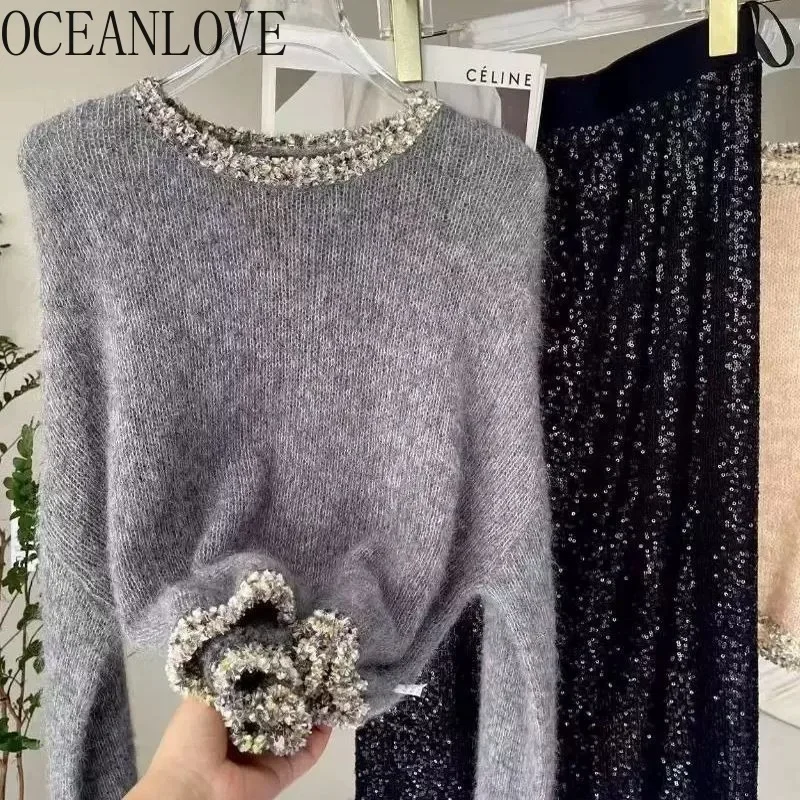 OCEANLOVE Grey Mohair Women Sweaters Lurex Korean Fashion Chic
