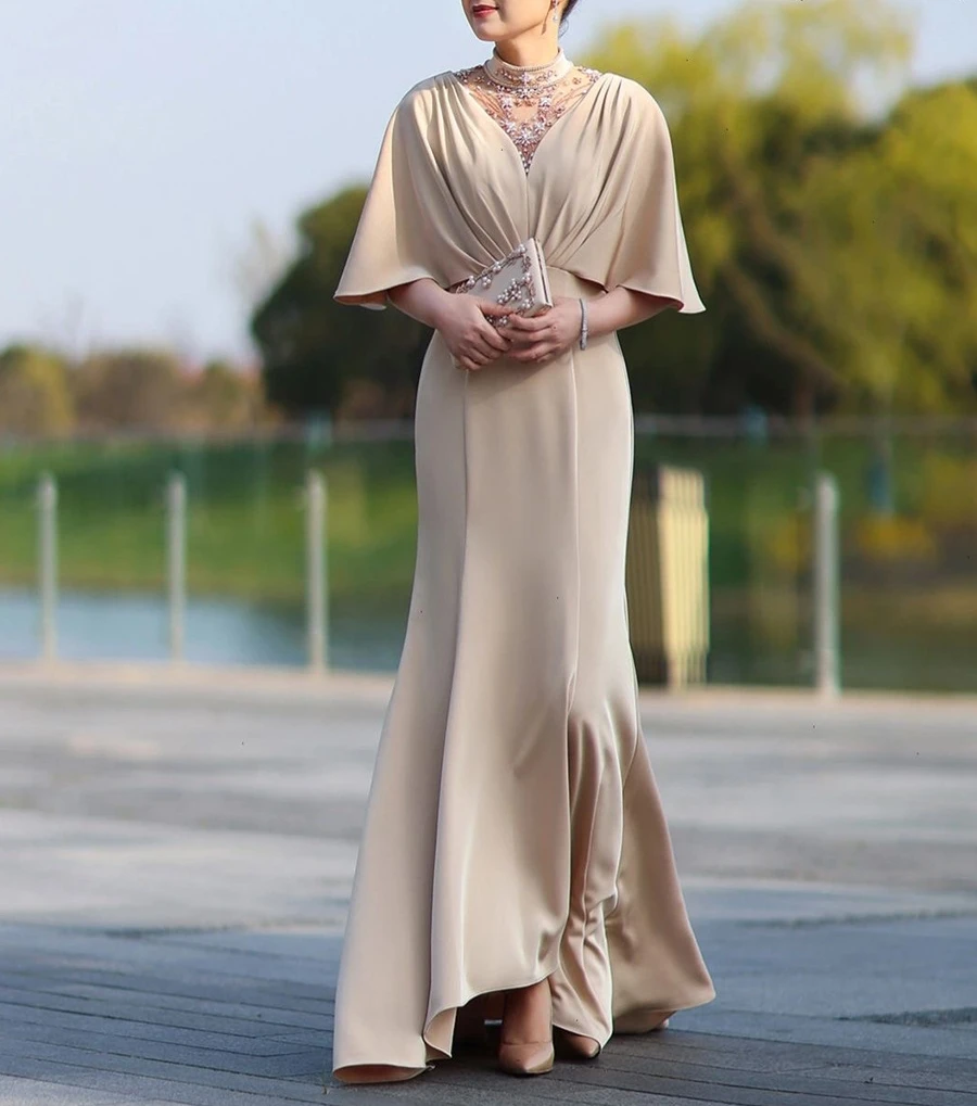 

Ashely Alsa Champagne Mother Of Bride Dresses High Neck Pearls Crystal Mermaid Women Formal Evening Gown Wedding Party Vestidos