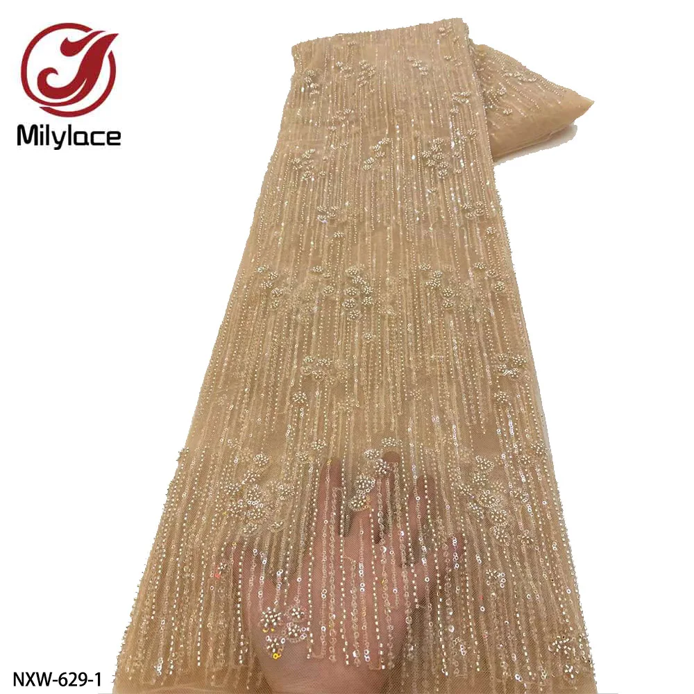 

Hot Sale Beaded Lace Fabric High Quality African Handmade Beads Lace Fabric for Bridal Material French Net Lace NXW-629