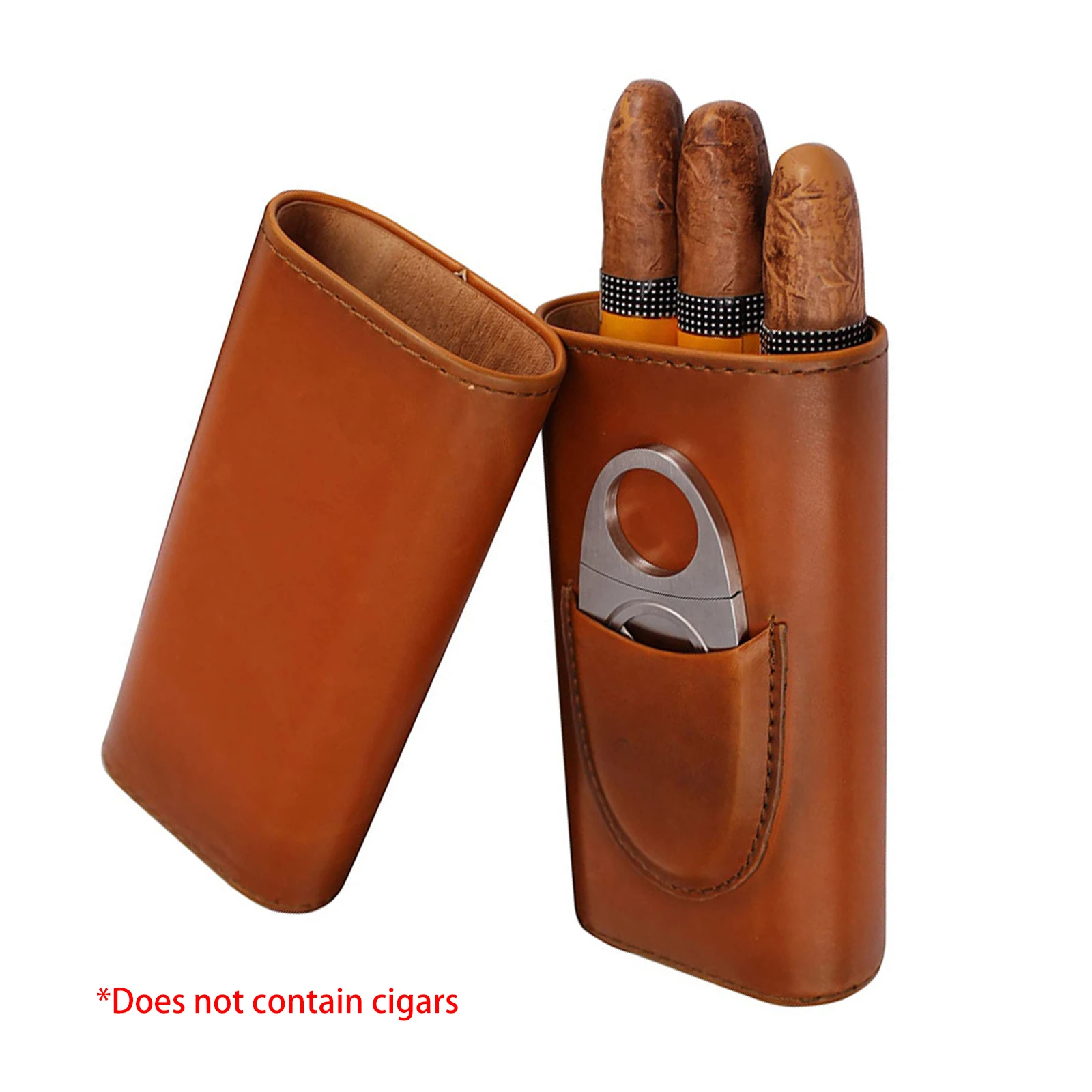 

New Three-Finger Portable Cigar Humidor Brown and Black Two Choices Cowhide Material Leather Case with Silver Cigar Cutter