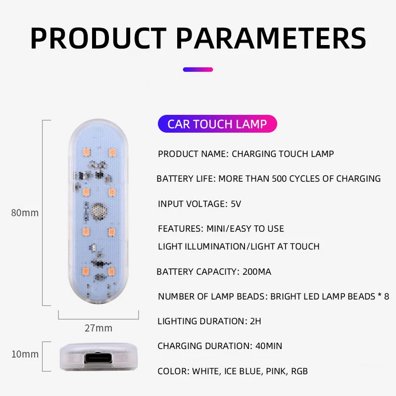 LED Car Lights LED Lights LED Atmosphere Lamp LED Car Decorative Lights LED Car Decoration Lamp Car Ambient Lights LED Atmosphere Lighting LED Interior Lights Car Interior Lamp 1pcs Touch Sensor LED 8 LED Ambient Light Car Interior Roof Reading Lamp Wireless USB Rechargeable Atmosphere Light