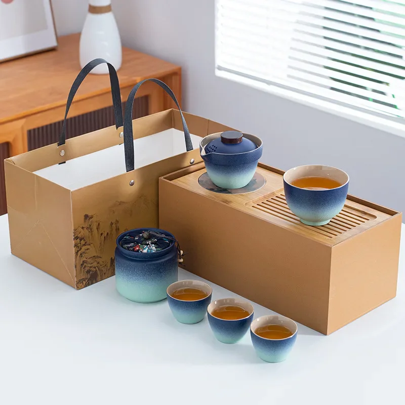 Travel tea set Kuaike cup, one pot, three cups, portable cover bowl, small set, outdoor kung fu set, tea advertising gifts