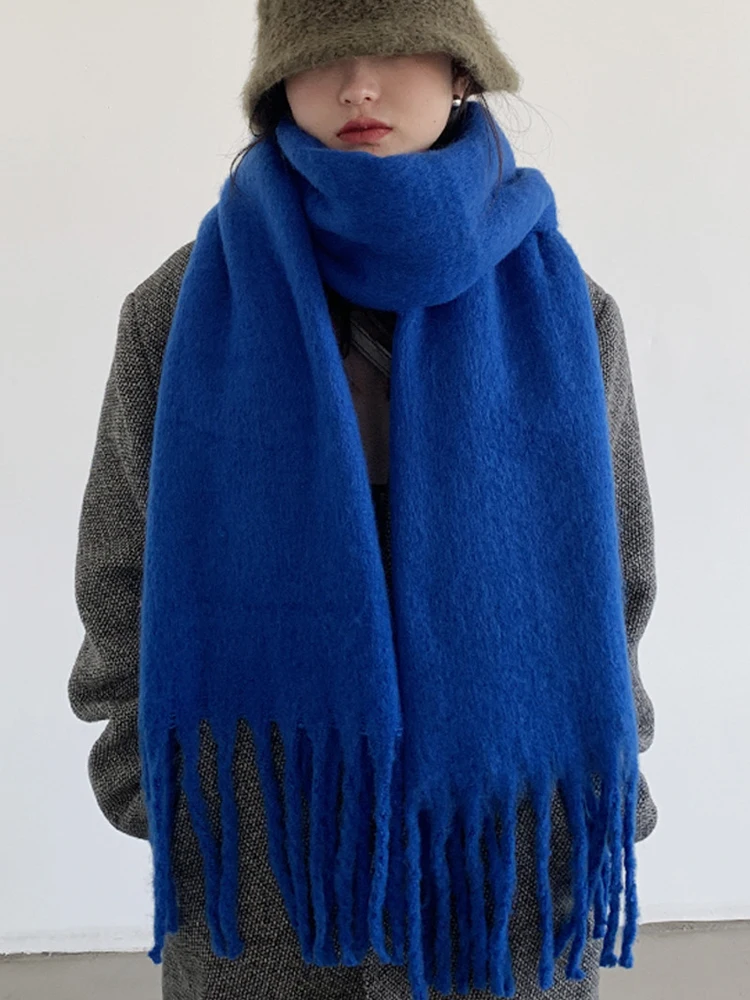 Klein Blue Solid Color Mohair Tassel Fashion Comfortable Scarf Women's Winter New Korean Version Versatile Warm Thick Shawl Neck