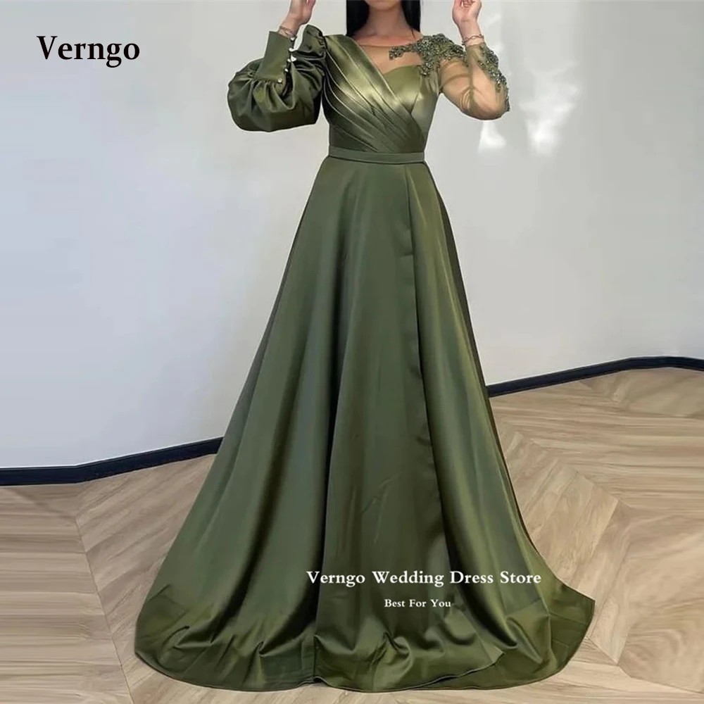 

Verngo Modest Arabic Women Army Green Satin Evening Dresses Long Sleeves Jewel Neck Applique Beads Black Prom Gowns Plus Size