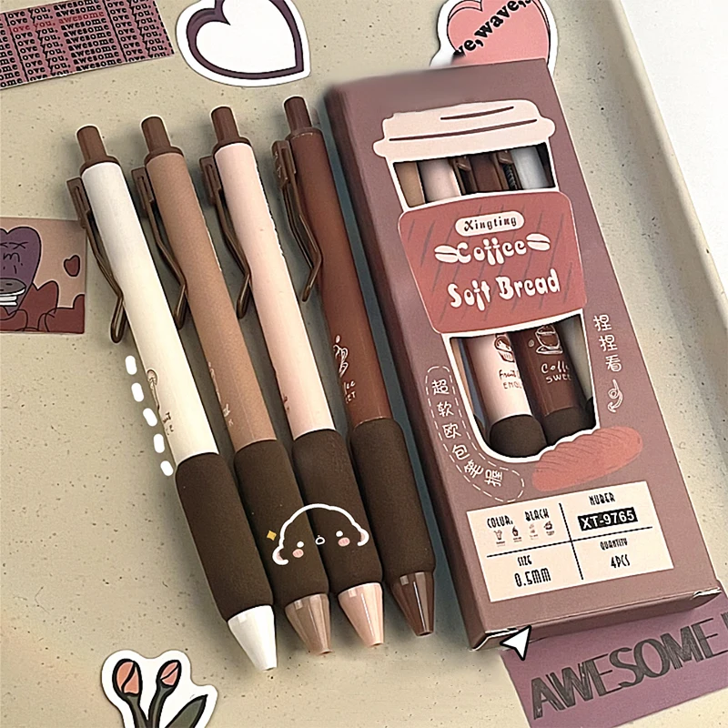 커피 소프트 빵 젤 펜 세트, 사무실 학교 문구 용품, 필기용 블랙 컬러 잉크, 0.5mm, 4 개