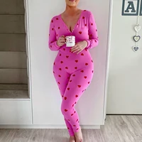 hirigin Women Bodycon Jumpsuits Heart Print V-Neck Long Sleeve Rompers Fall Winter Casual Playsuits Valentine's Day Clothes