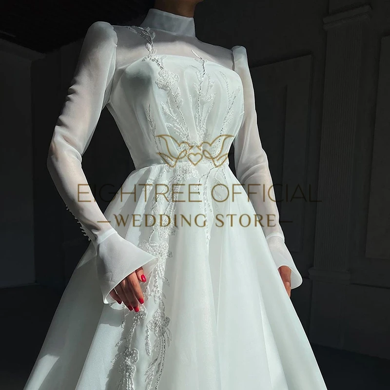 Eightree White A-Line Wedding Dresses Saudi Arabia Long Sleeve Appliques Bridal Dress Simple Wedding Ball Prom Gowns Customized 2
