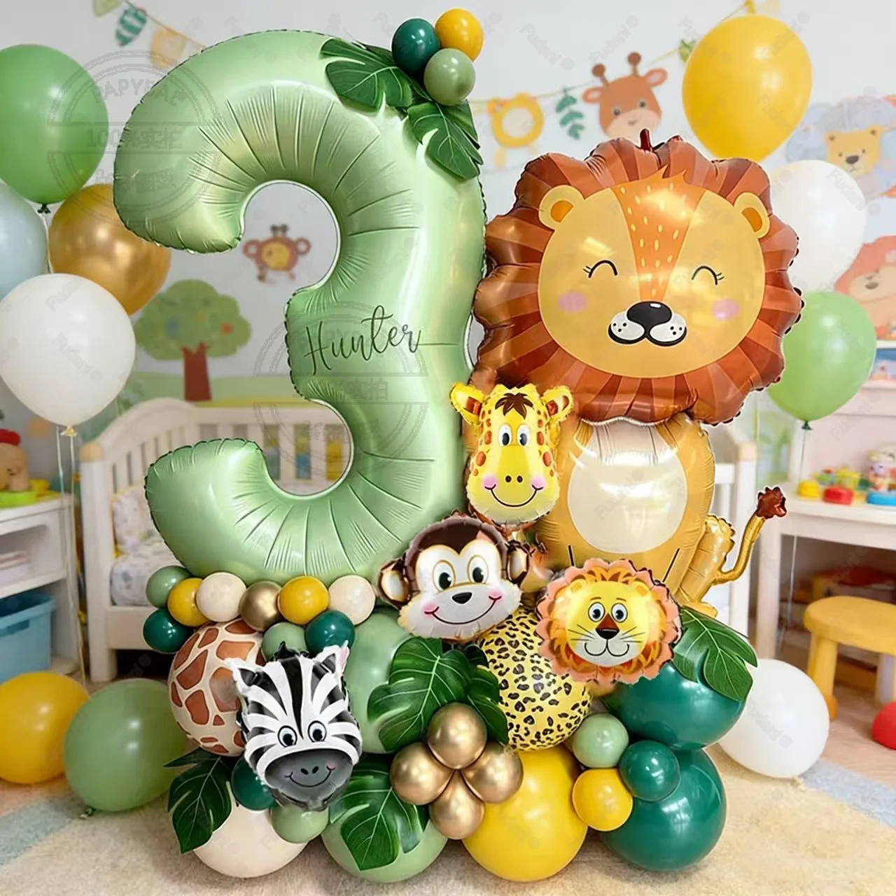 58-teiliges Löwen-Giraffen-Ballon-Set Olivgrüne Zahlen-Geburtstagsballons Dschungeltier-Thema Geburtstagsparty-Dekoration Geschenk
