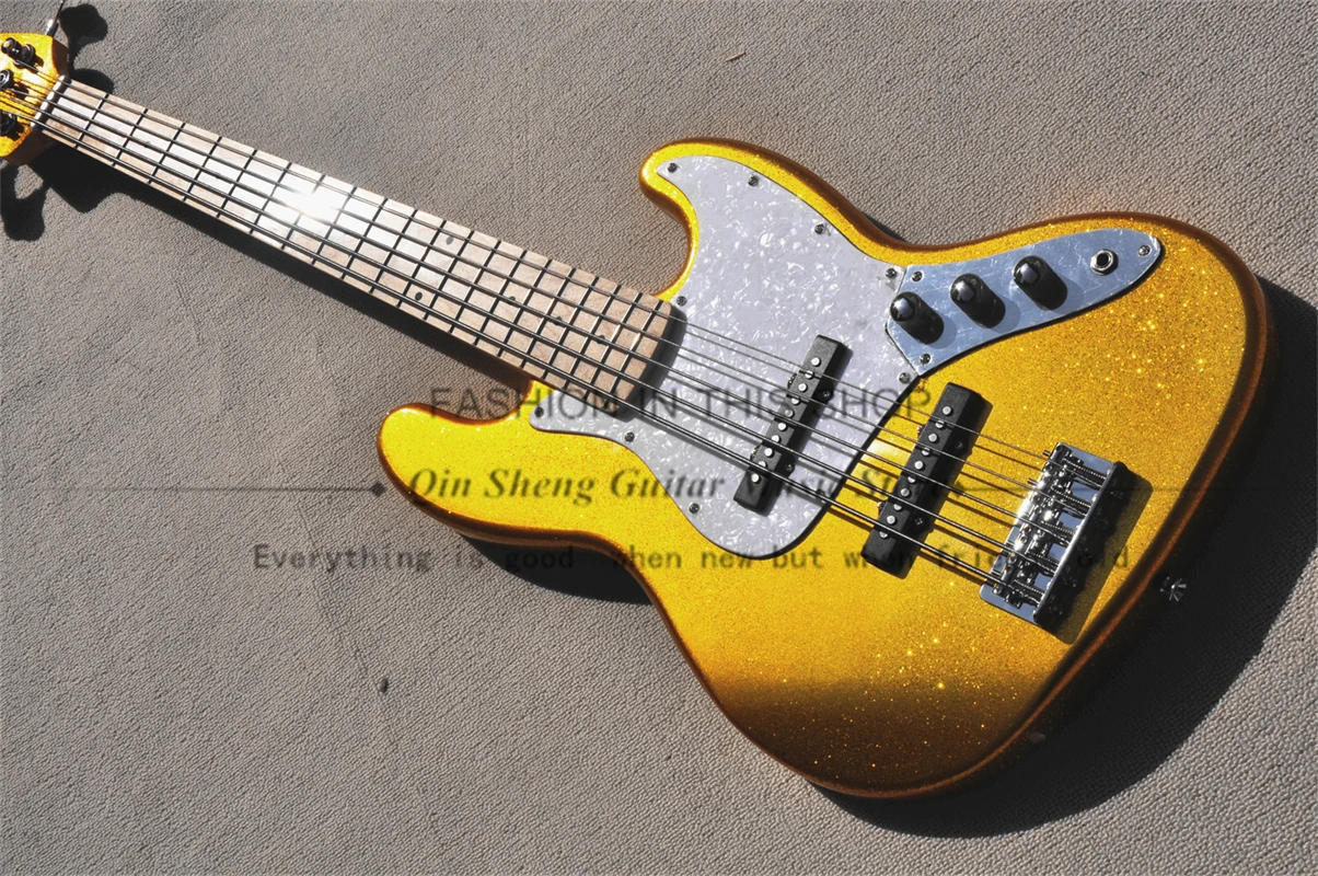 Basso A 5 Corde Jaz Gold Grain Bass Basswood Body Legno D'Acero Ponte Fisso White Pearl Pickguard