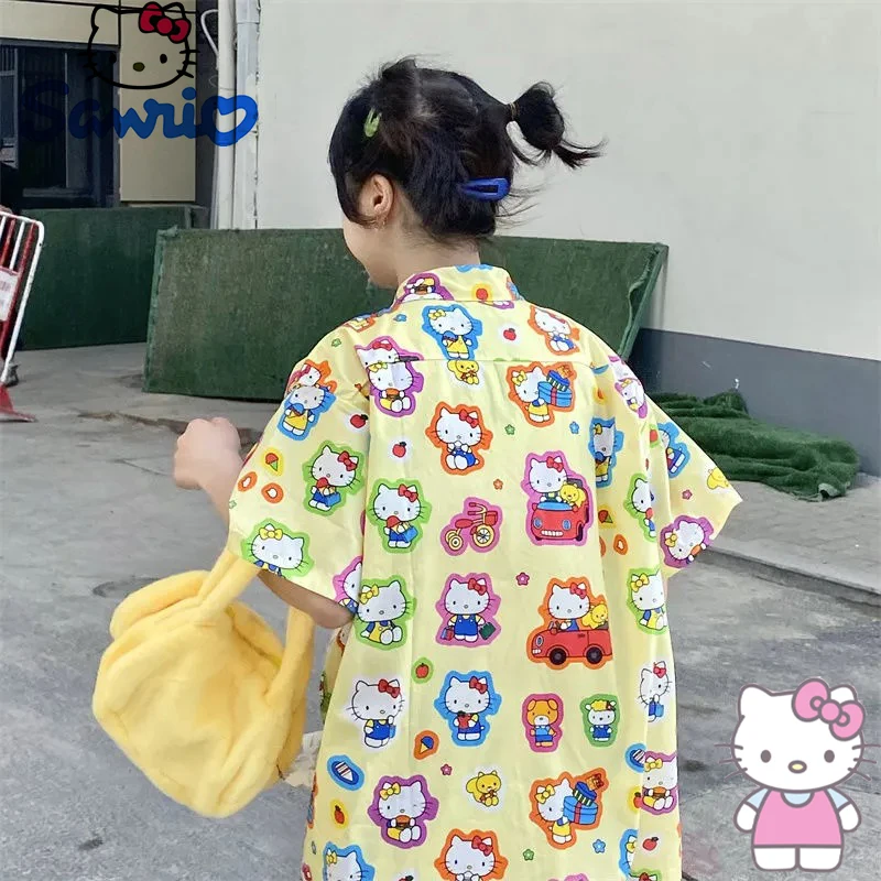 

Sanrio Hello Kitty Clothing Y2K Summer Shirt Women's Vintage Fashion Designer Short Sleeve Cartoon Casual Top Girl Dress Gift