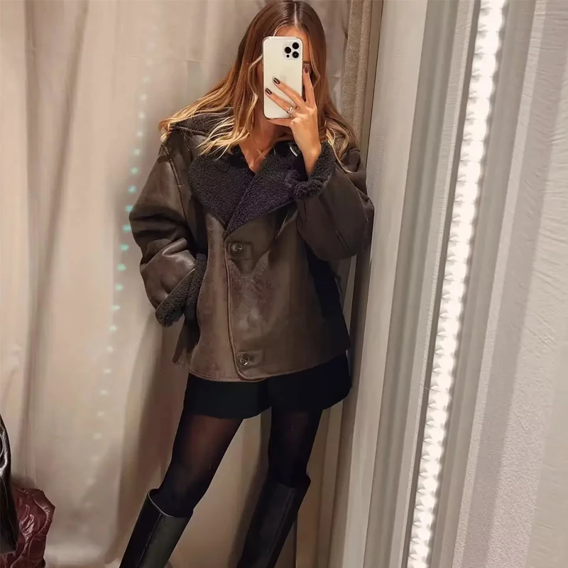 TRAF Thick Faux Leather Jackets for Women Autumn Winter Warm Jackets Woman 2024 Faux Wool Coats Long Sleeve Oversized Jacket 2