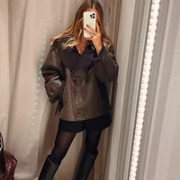 TRAF Thick Faux Leather Jackets for Women Autumn Winter Warm Jackets Woman 2024 Faux Wool Coats Long Sleeve Oversized Jacket 2