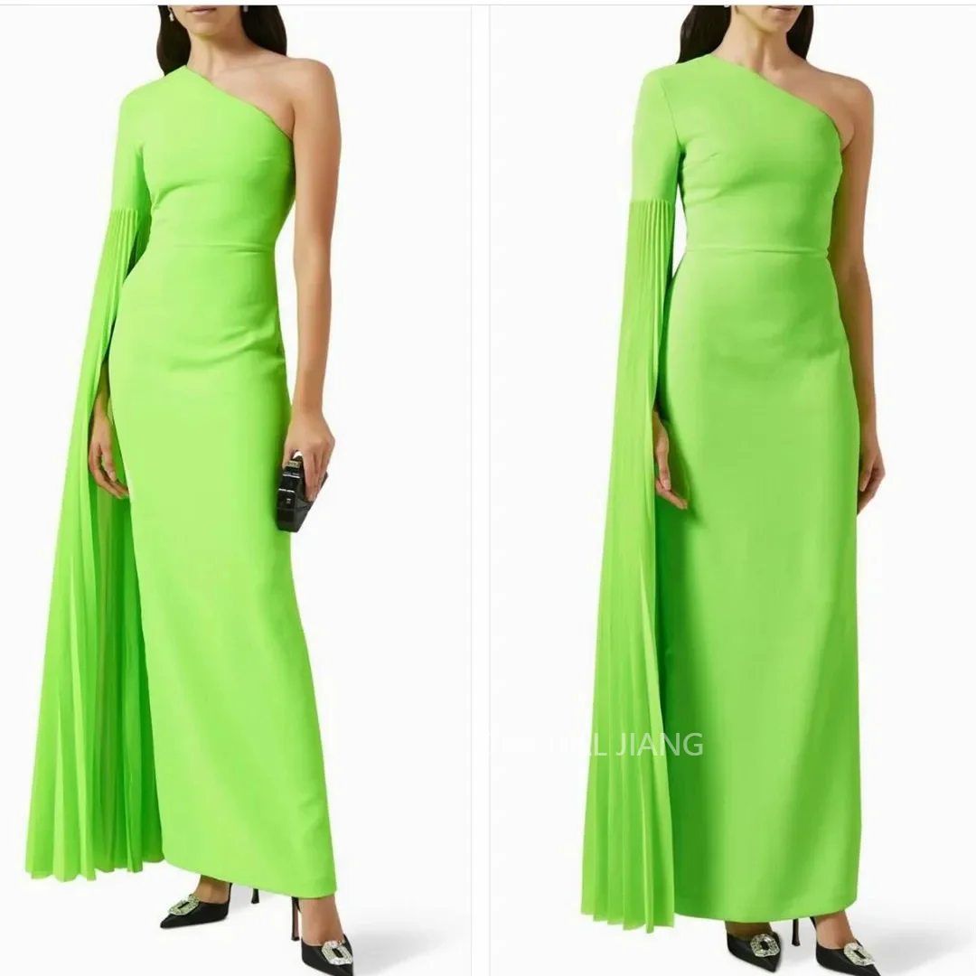 

Elegant Green Long Muslim Evening Dresses One Shoulder Satin with Cape Sheath Ankle Length Vestidos Para Mujer Gala
